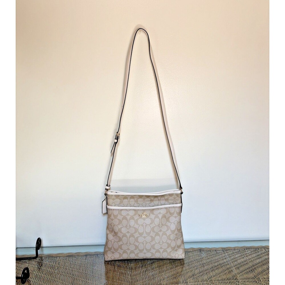 Coach Signature File Crossbody Bag Light Khaki & Tan 12" W x 10" T 24" Strap